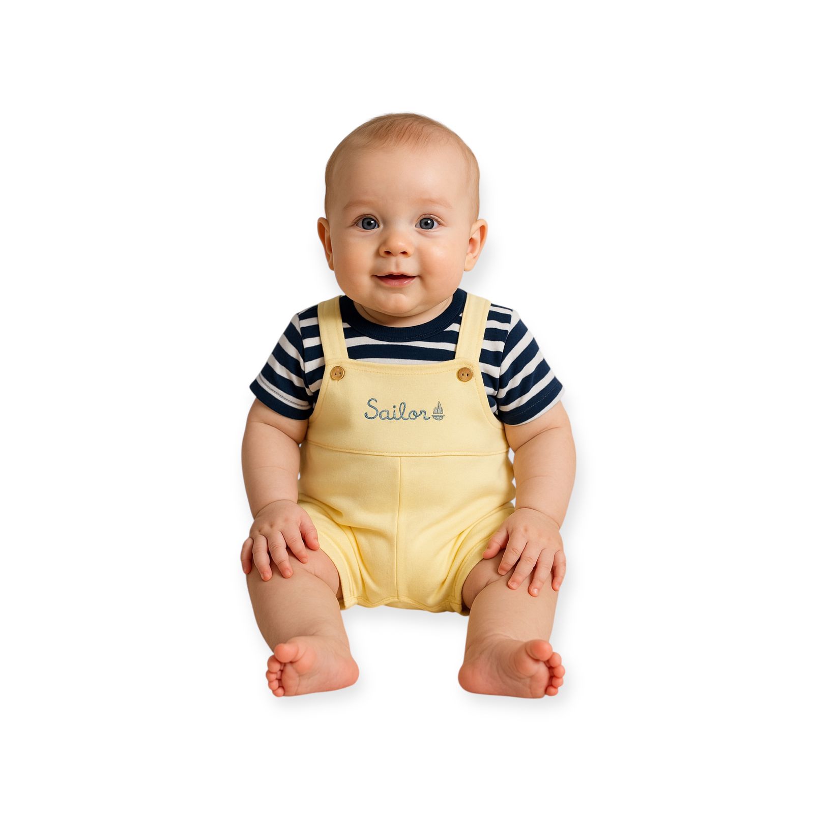 63d6f052-1ab4-4466-a9d6-bf91f59b1a74 Conjunto Infantil Jardineira Amarela + Camiseta Listrada - Imagem 1