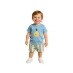 Conjunto Infantil Camiseta Azul com Estampa de Pera + Short Listrado